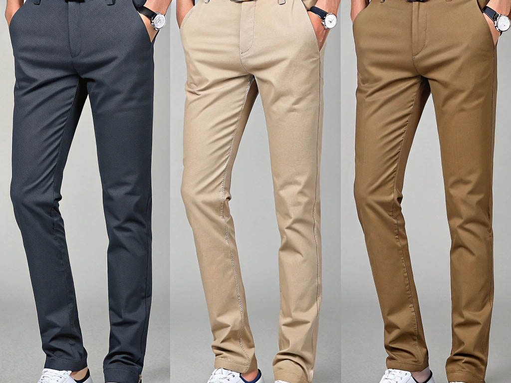 Three models wearing slim-fit chino pants in black, beige, and brown, paired with watches and sneakers.