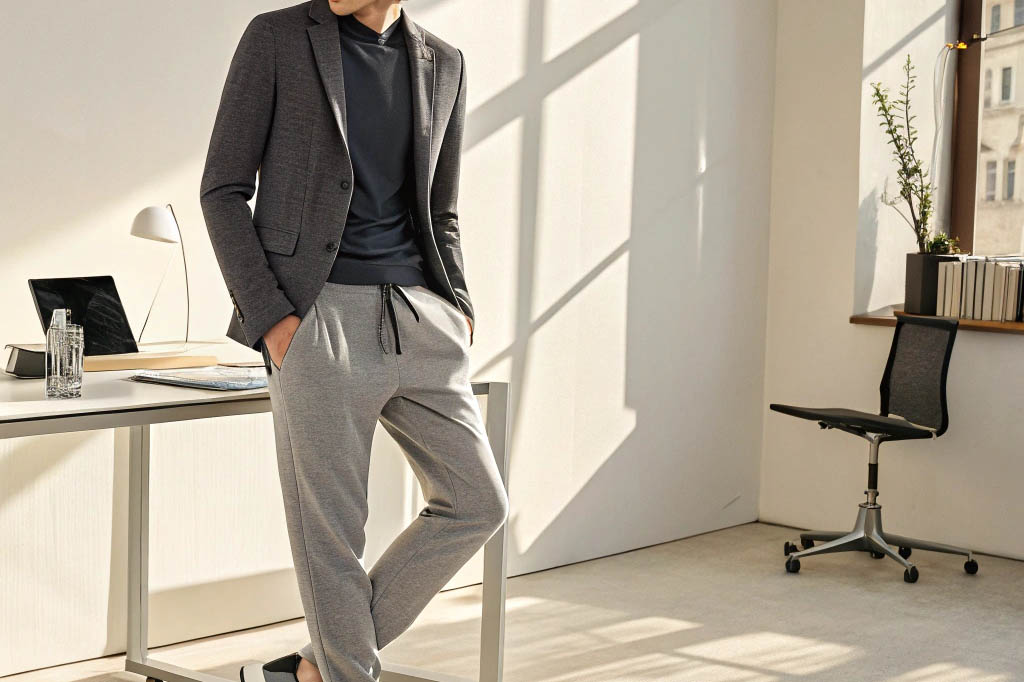 Man wearing a blazer with jogger pants, leaning against a desk in a modern office.