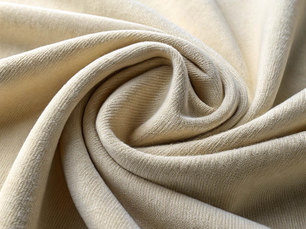 Light beige knit fabric elegantly draped and swirled into a spiral shape.