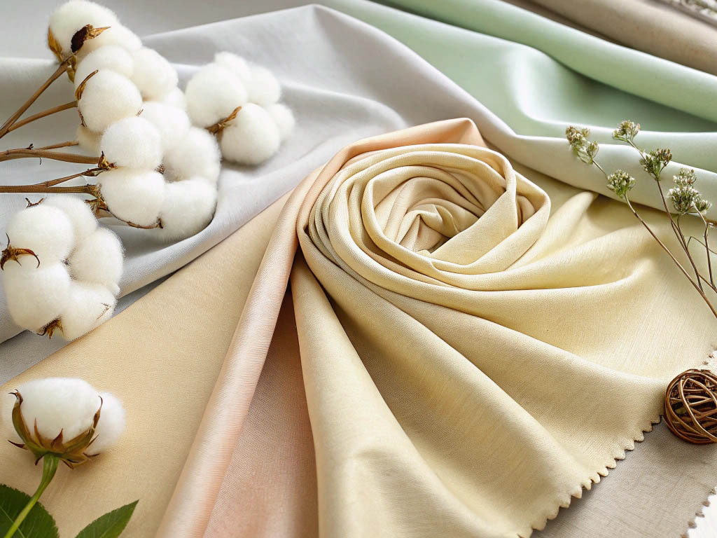 Rolled and draped pastel-colored cotton fabrics with cotton branches and dried flowers.