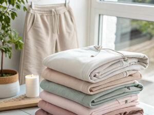 A neatly stacked pile of pastel-colored sweatpants with a hanging pair in the background.