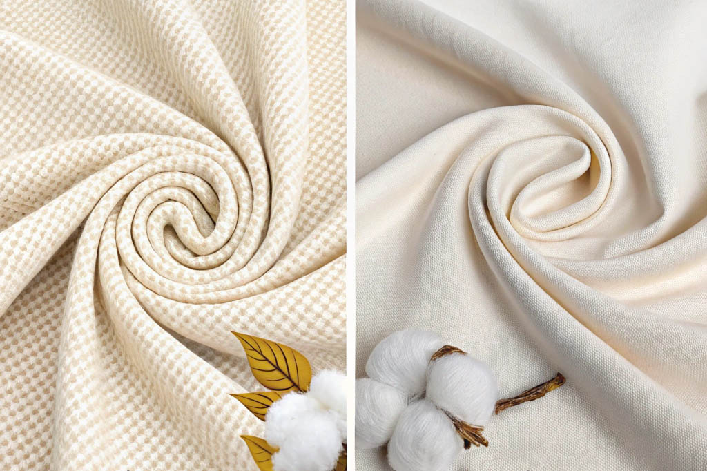 Close-up of two beige organic cotton fabrics with delicate textures, accompanied by cotton plant elements.