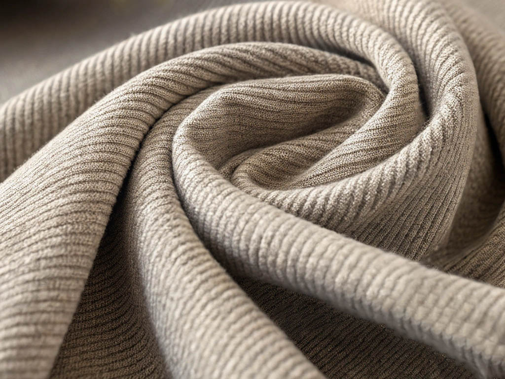 A close-up of beige ribbed fabric with a soft texture, artistically draped in gentle folds.