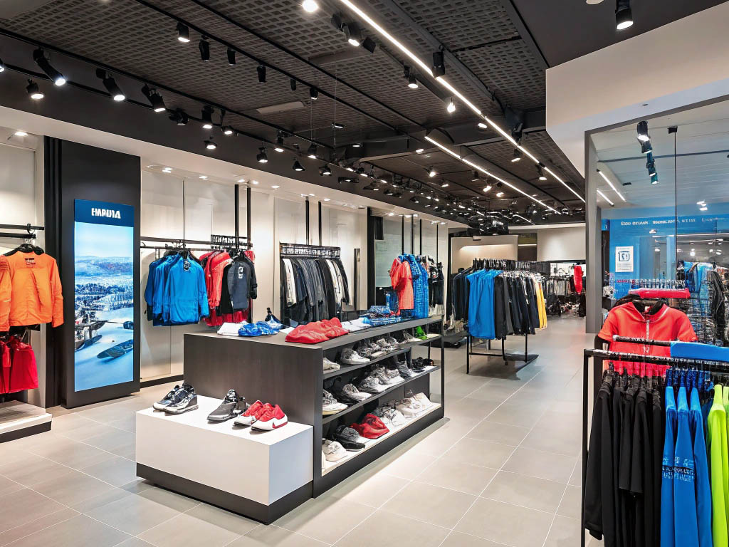 Modern sportswear store with athletic clothing, sneakers, and accessories displayed under bright lighting.