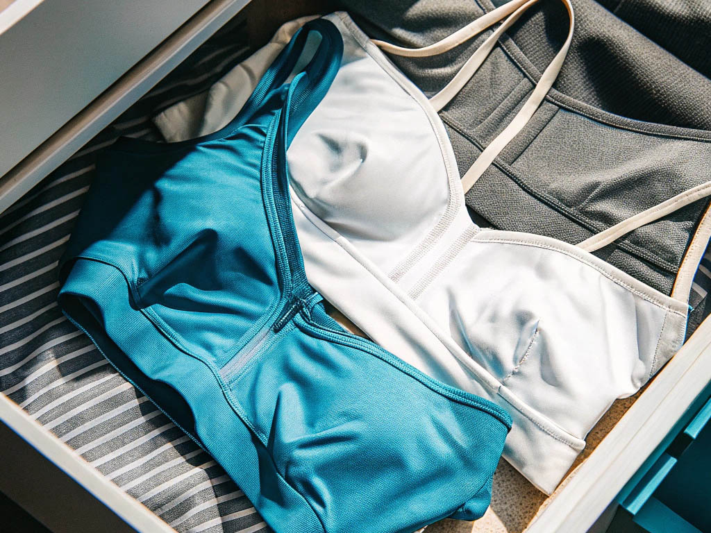 Teal, white, and gray sports bras neatly folded in an open drawer.