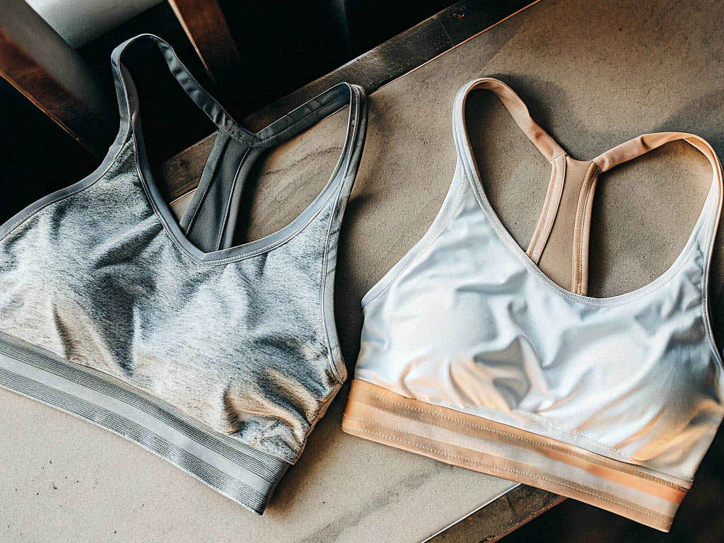 Two racerback sports bras in gray and white with soft contrast bands on a table.