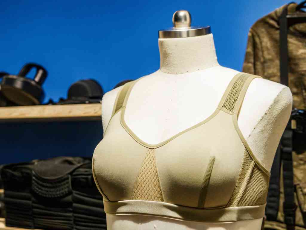Sports bra displayed on dress form mannequin in studio