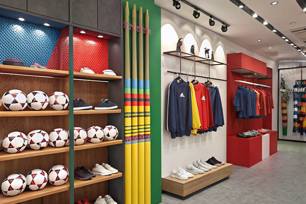 A colorful sports store displaying jerseys, sneakers, soccer balls, and athletic apparel on modern shelves.