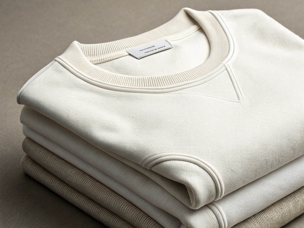 A neatly folded stack of beige sweatshirts with ribbed collars and a V-stitch detail, placed on a neutral surface.