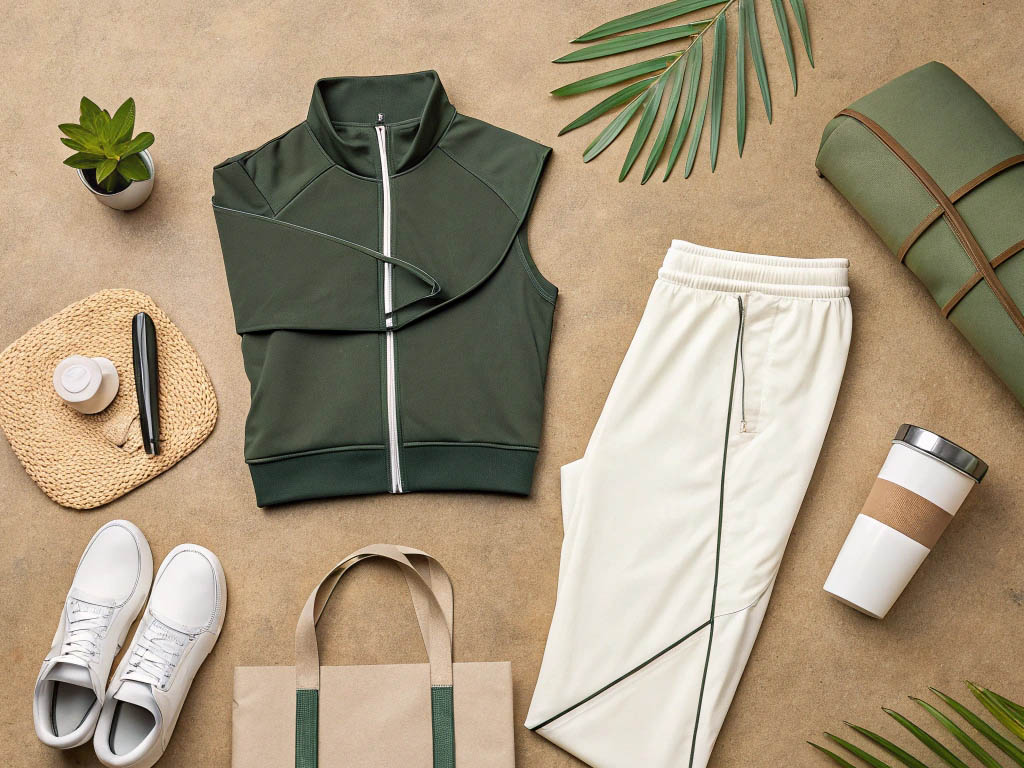 Green and white athleisure outfit with sneakers, tote bag, yoga mat, and eco-friendly accessories.