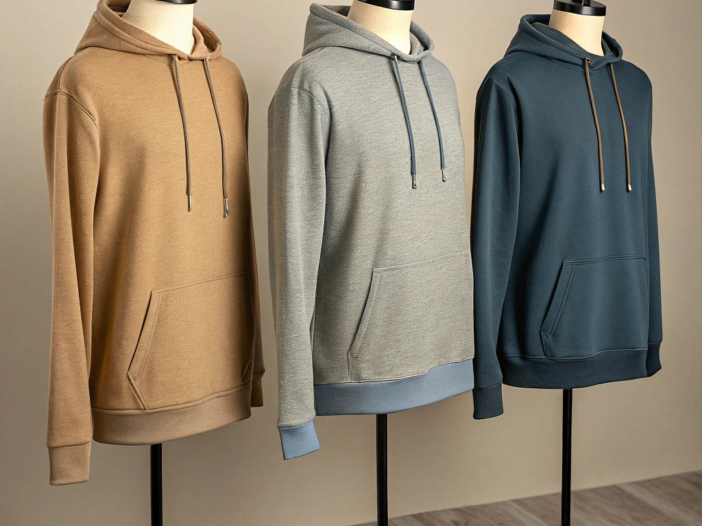 Three hoodies in beige, gray, and navy displayed on mannequins, featuring drawstrings and front pockets.