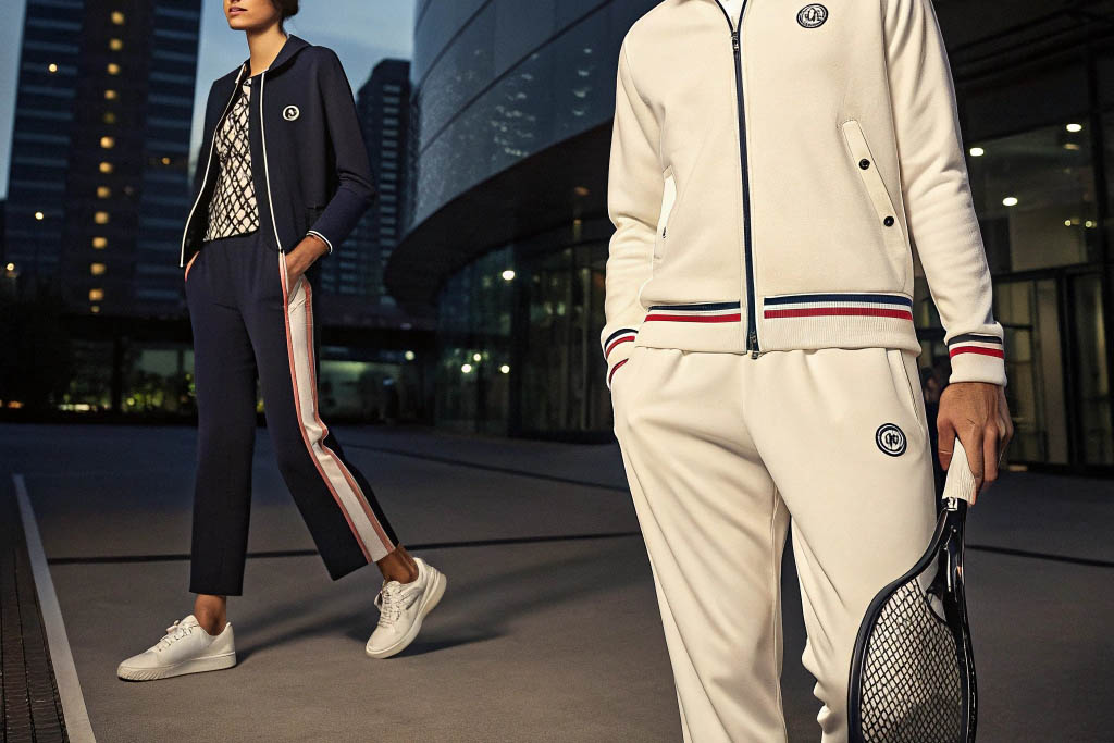 Two people wearing elegant sporty tracksuits with striped details, posing with a tennis racket in an urban setting.