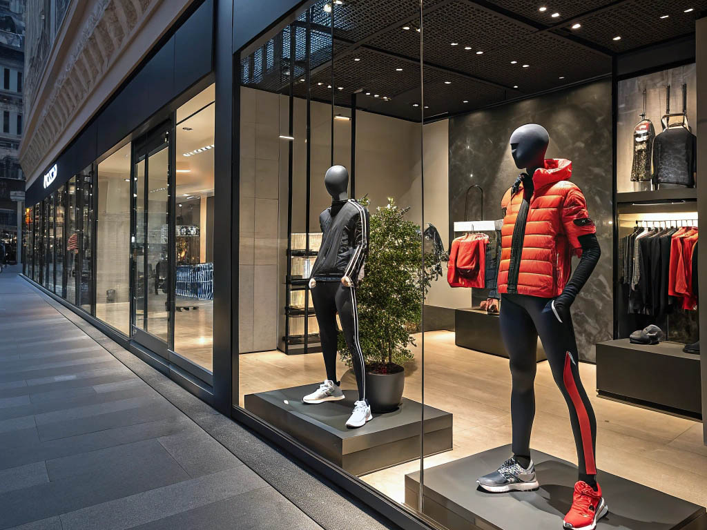 Mannequins dressed in athletic wear displayed in a modern sports fashion boutique with glass windows.