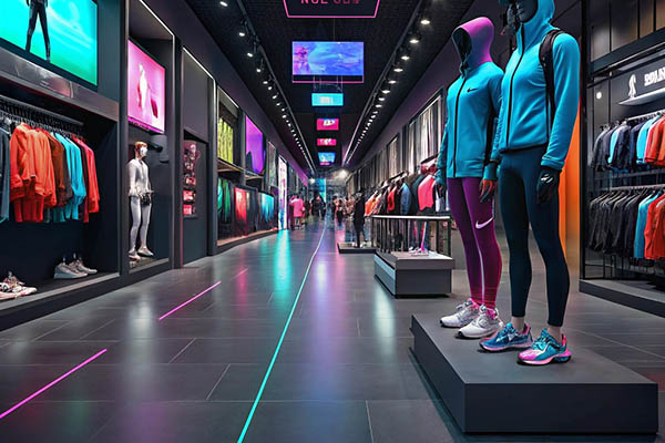 Modern sports apparel store with mannequins, neon lights, and athletic clothing displays.