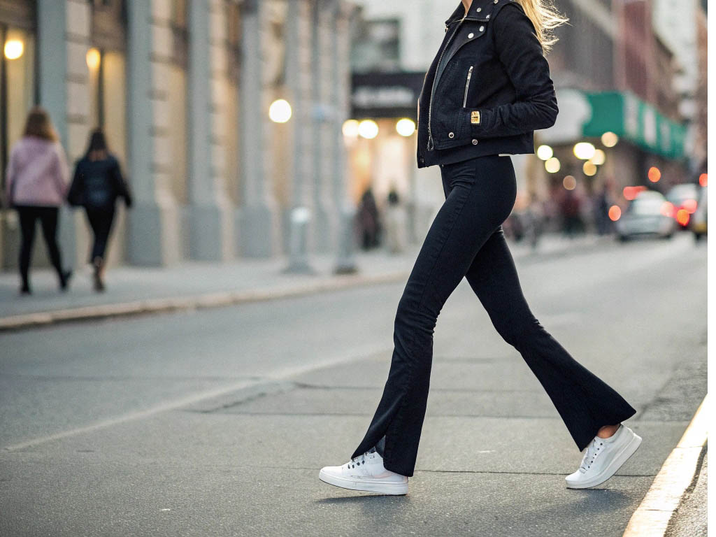 Woman walking in black flared leggings, a cropped jacket, and white sneakers on a city street.