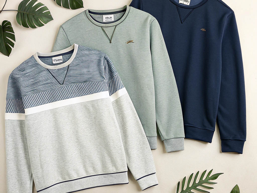 Three modern sweatshirts in navy, green, and gray tones laid flat with tropical leaves.