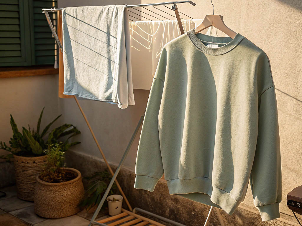 Green sweatshirt hanging on a hanger outdoors, with freshly washed clothes drying on a rack in warm sunlight.