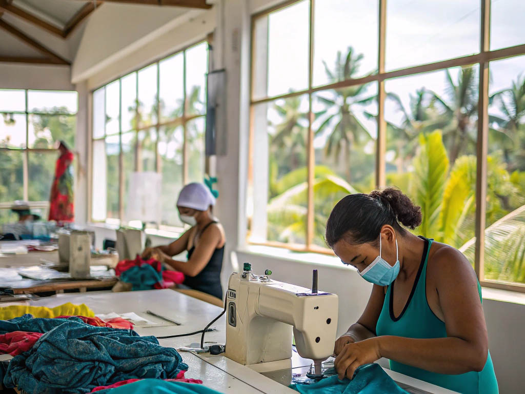 Women sewing colorful garments in a tropical, eco-friendly textile workshop.
