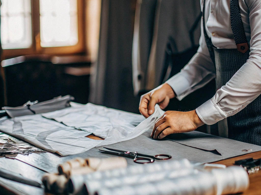 Tailor carefully handling white fabric on a wooden worktable.