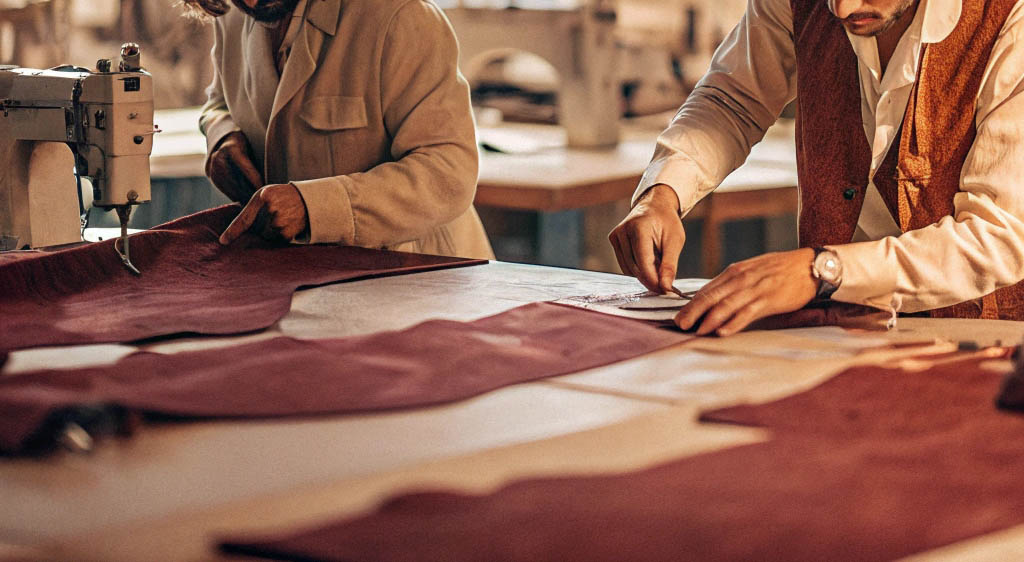 Skilled tailors cutting and sewing fabric in a workshop.