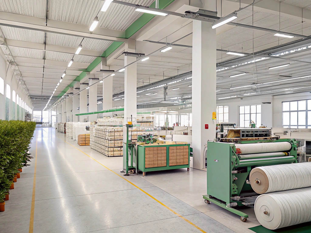 Bright and spacious textile factory with fabric rolls, machinery, and organized workstations.