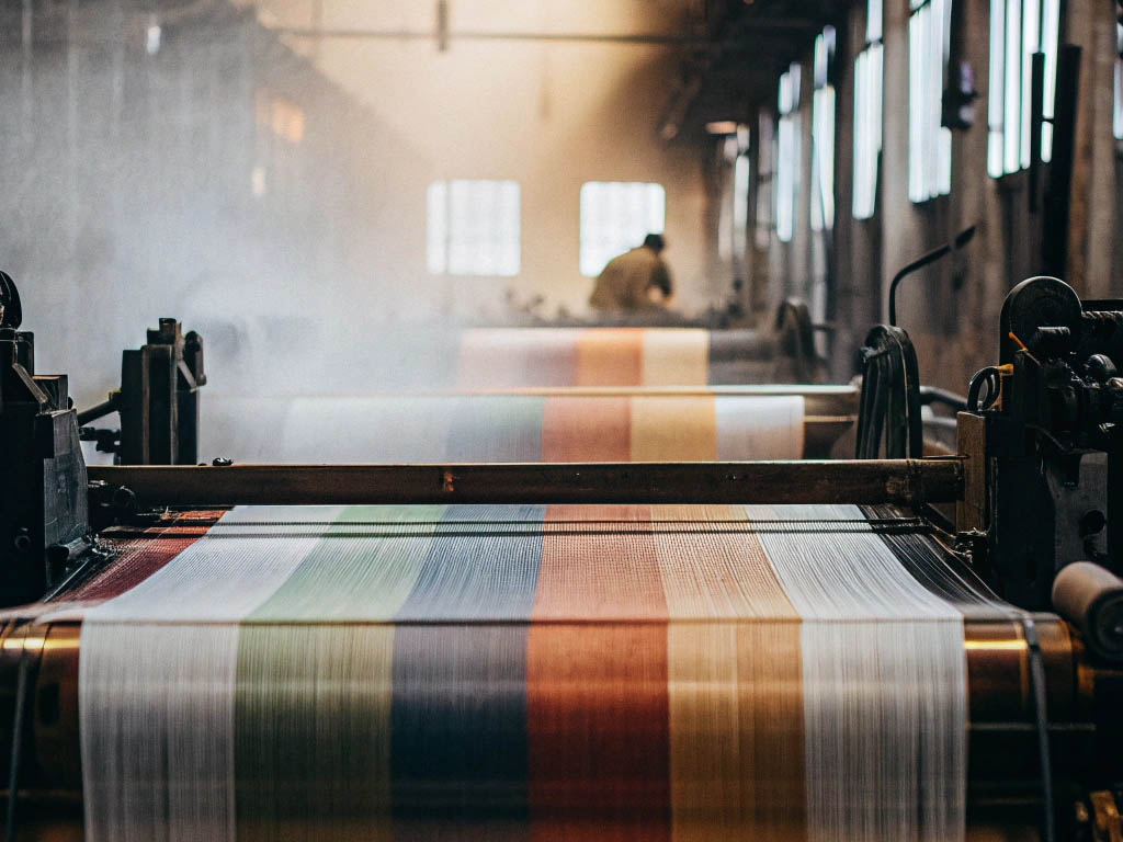 Industrial weaving machines producing colorful fabric in a textile factory with a worker in the background.