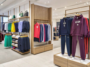 Modern retail store displaying colorful apparel, including hoodies, skirts, and jackets on racks.