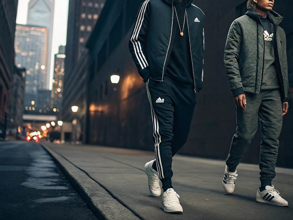Two people wearing Adidas tracksuits and sneakers walking in a city street with skyscrapers.