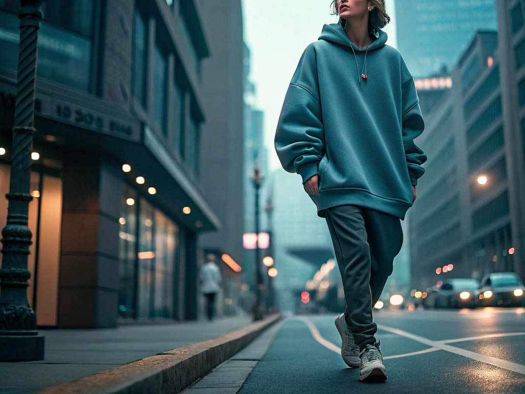 A woman in an oversized blue hoodie and joggers walks confidently through a modern city street at dusk, exuding a stylish and relaxed vibe.