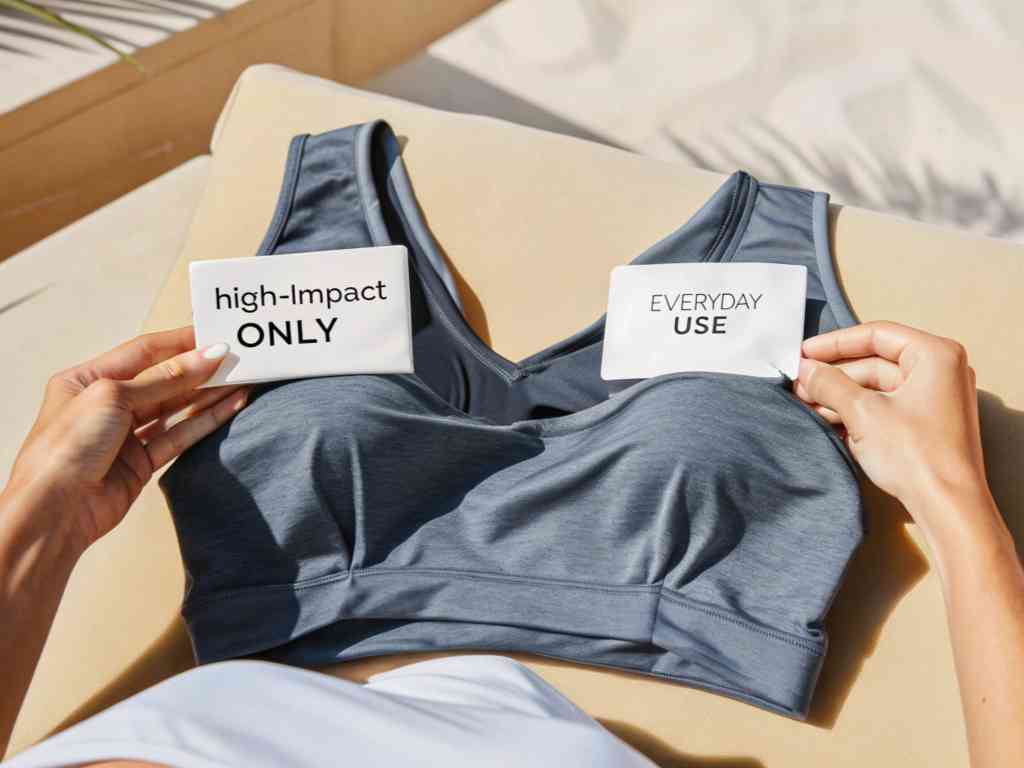 Blue sports bra with high-impact and everyday labels