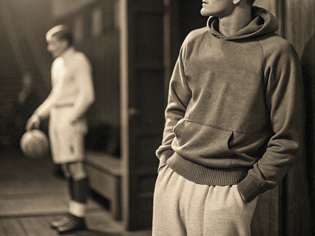 Sepia-toned image of a young man in a hoodie leaning against a wall, with a vintage basketball player in the background.