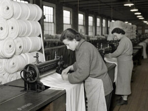 Black and white image of women sewing fabric on industrial machines in a textile factory.