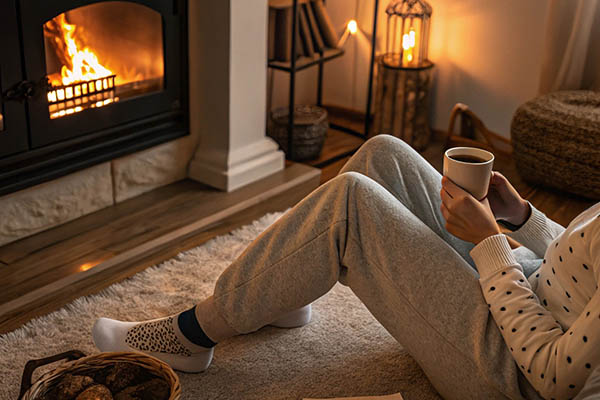 Person in soft loungewear sitting by the fireplace, holding a warm drink in a relaxed setting.
