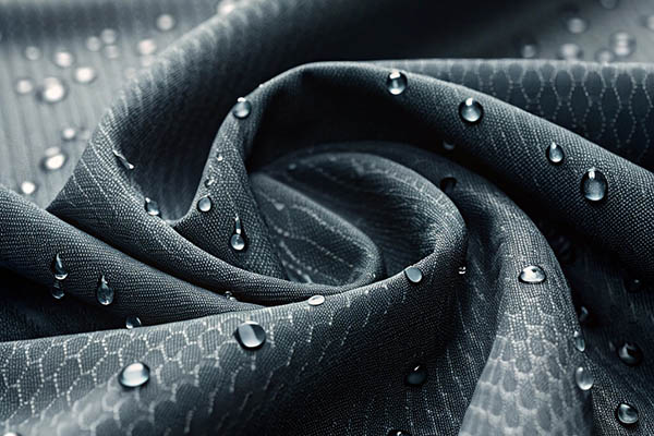 Close-up of dark gray waterproof fabric with water droplets beading on the surface.