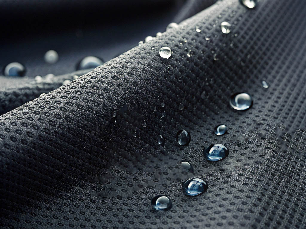 Close-up of dark gray breathable fabric with water droplets beading on its water-resistant surface.