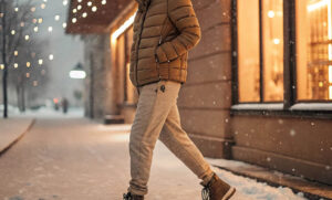 Person wearing a brown puffer jacket, gray joggers, and boots walking on a snowy street.