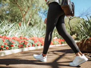 Woman wearing black leggings, white sneakers, and a backpack walking along a garden path with red flowers.