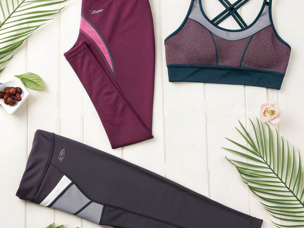 Flat lay of two pairs of athletic leggings and a matching sports bra on white wooden background.