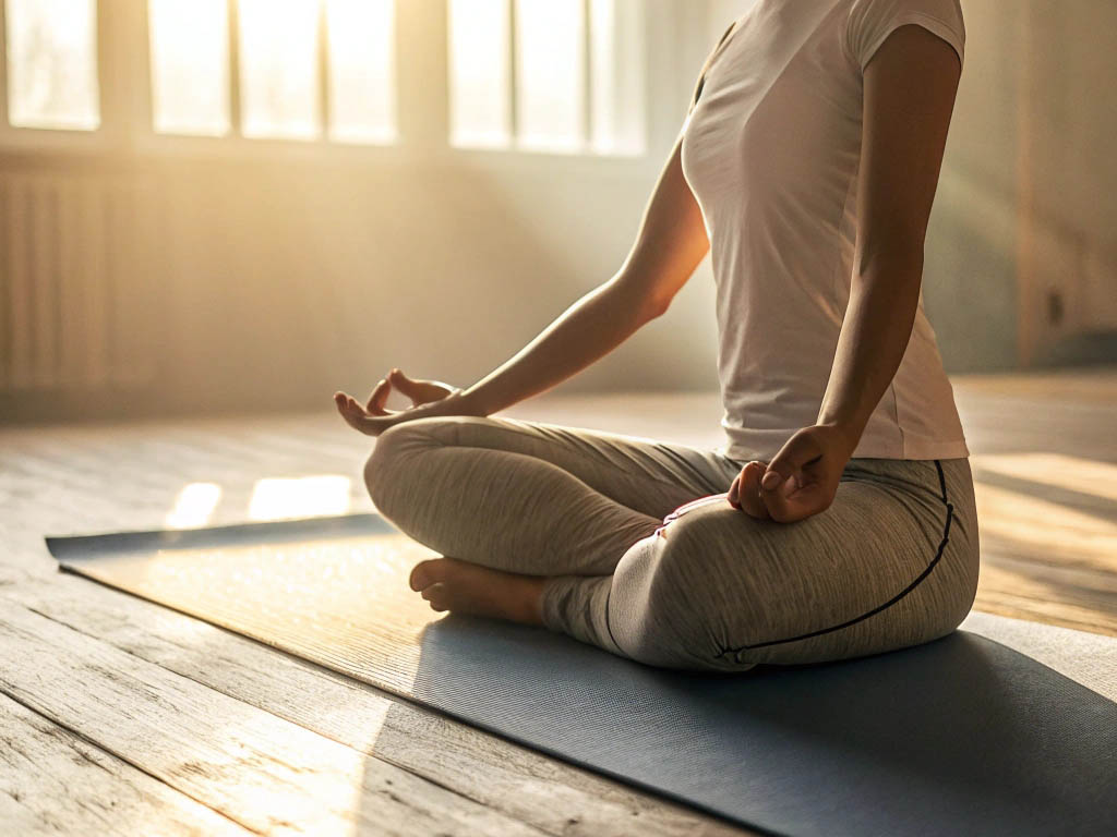 Woman sitting cross-legged on yoga mat in sunlight during morning meditation session.