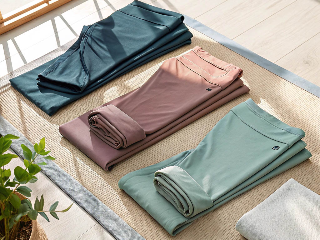 Folded yoga pants in teal, mauve, and mint green on woven mat in sunlight.