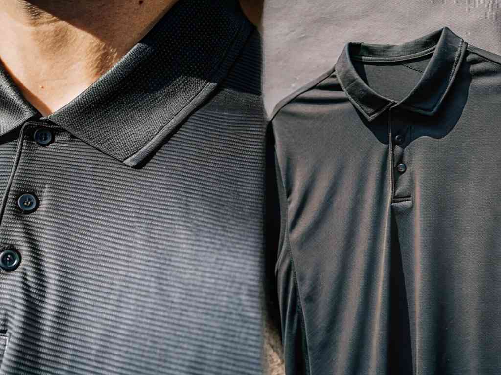 Close-up of black textured polo shirt collar and buttons.