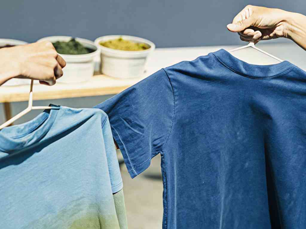 Two hands holding blue-toned T-shirts near dye bowls.