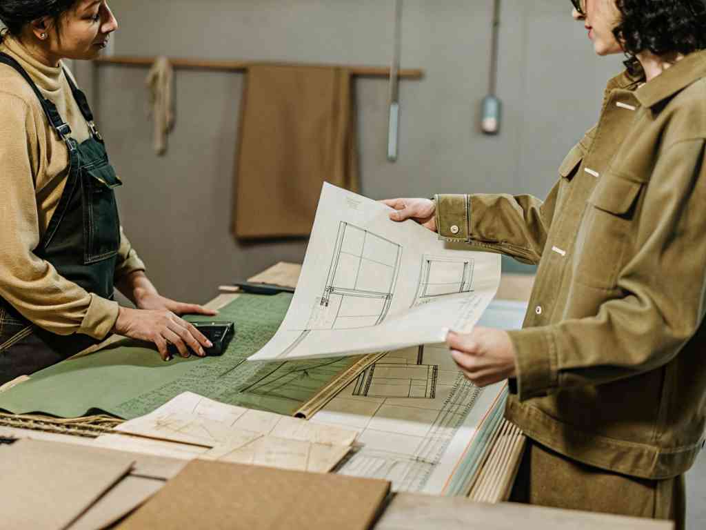 Designers reviewing garment blueprints and materials