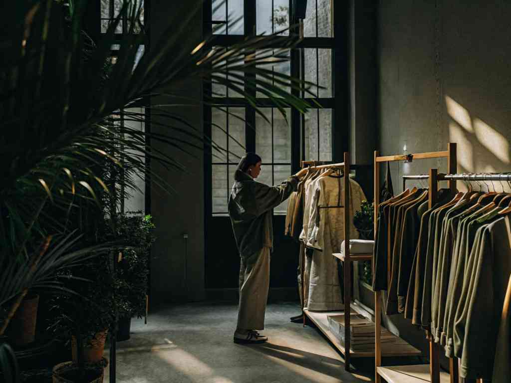 Person browsing neutral-toned clothes in stylish boutique.