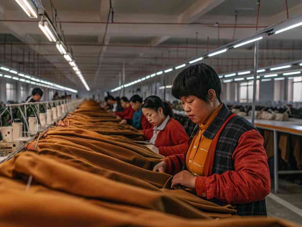 Women sewing brown fabric in large, well-lit garment factory line.