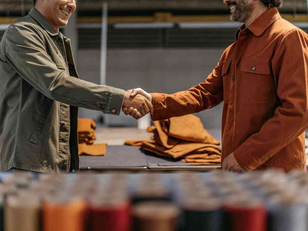 Two men shaking hands in fabric workshop