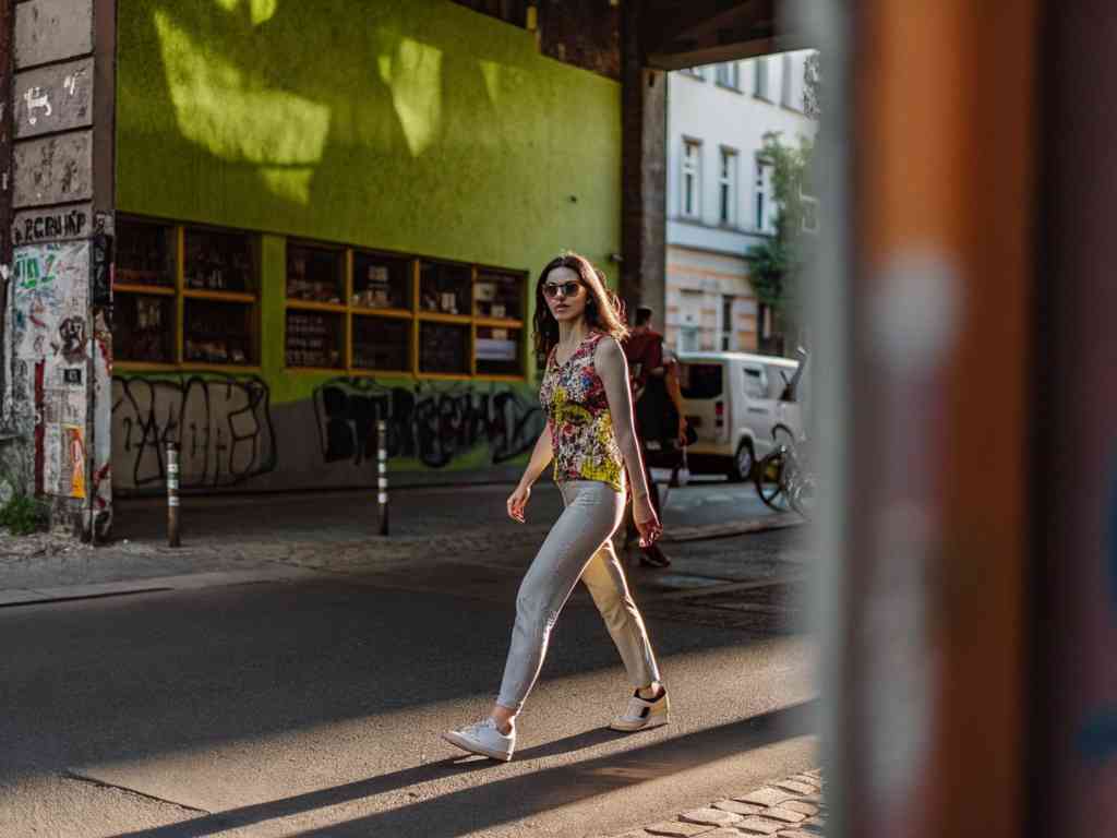Woman walking confidently in urban street sunlight