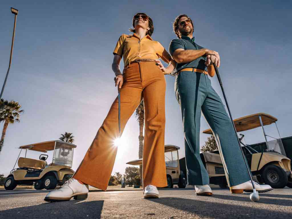 Stylish golfers in retro fashion with golf carts.