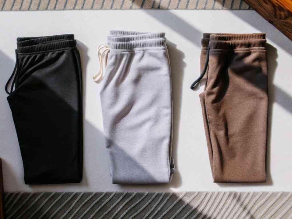 Black, light gray, and brown sweatpants folded on white surface