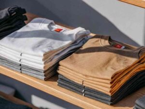 Folded stack of white, tan, and grey T-shirts on wooden shelf.